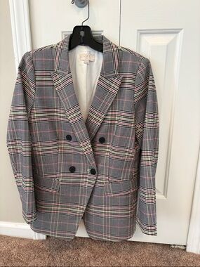 LOFT Plaid Double-Breasted Blazer in Gray and Pink